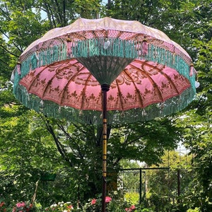 Pink Boho Wedding Parasol | Indian Ceremony Umbrella | Handmade Maximalist Decor for Garden Events