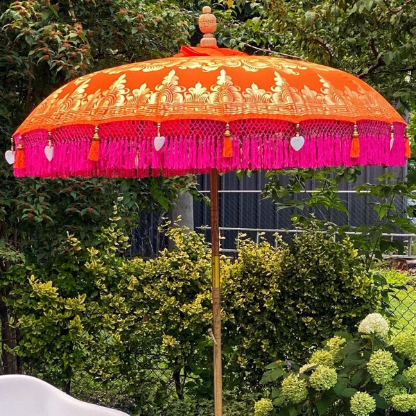 Orange Balinese Parasol: Gold Hand-Painted Design on Canvas, Beaded Tassels, Durian Wood Pole