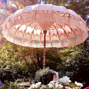 Hand-Painted Parasol -  Elegance with White Canvas, Gold Details, and Seashell Ornaments