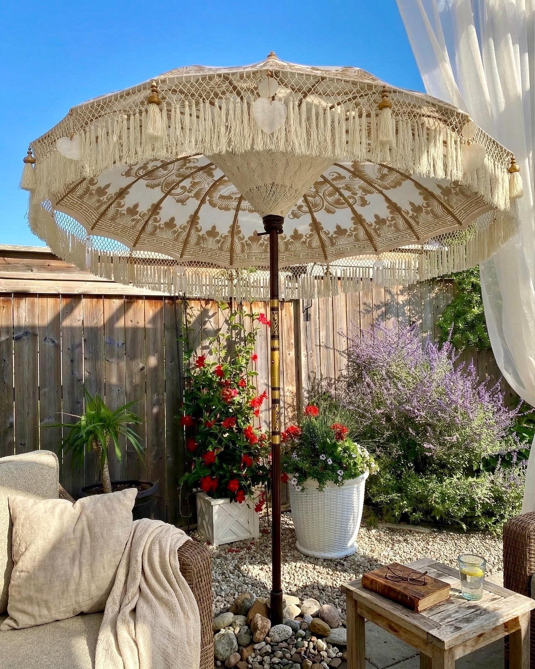 exotic patio umbrellas Tropical Boho Umbrella – Maximalist Garden & Patio Decor