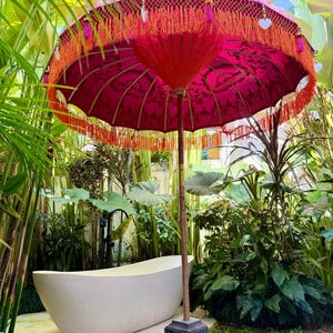 Fuchsia Balinese Parasol: Handmade Garden Wedding Umbrella with Orange Fringe