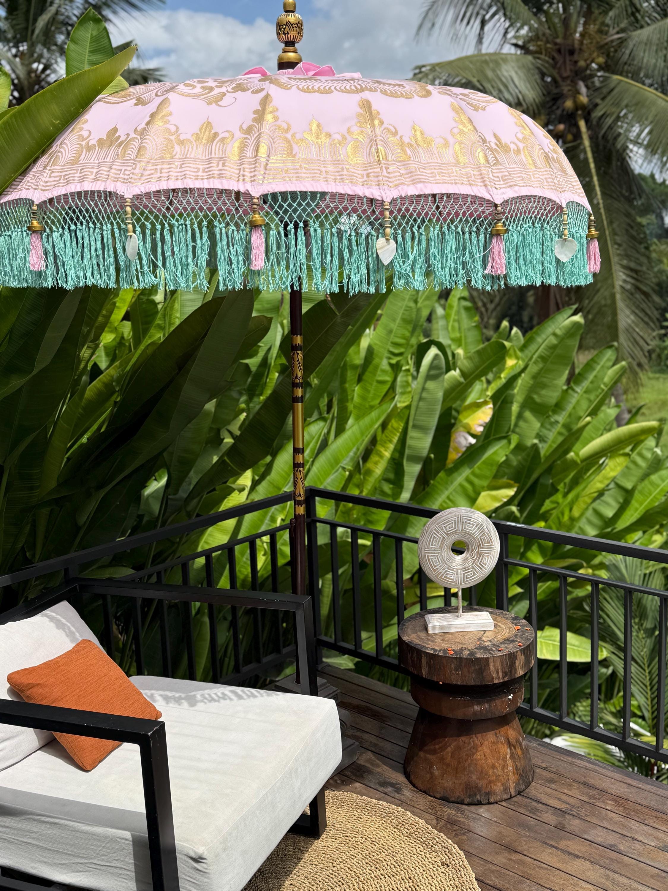 bali style patio umbrellas Pink Balinese Garden Parasol – Hand-painted Patio Umbrella