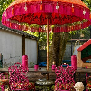 custom painted patio umbrella Boho Wedding Parasol – Hand-painted Balinese Ceremony Umbrella With Gold  Fringe for Garden & Outdoor Decor