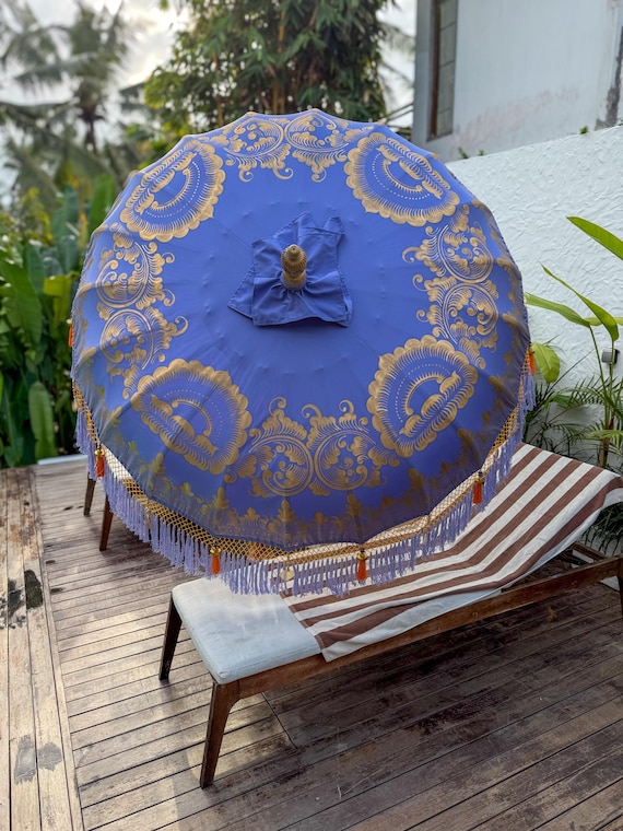 blue and orange patio umbrella Lavender & Orange Wedding Parasol – Handmade Balinese Patio Umbrella With  Fringe for Ceremony Decor