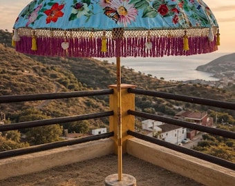 Butterfly Balinese Garden Parasol – Floral Patio Umbrella with Tassels for Outdoor Weddings