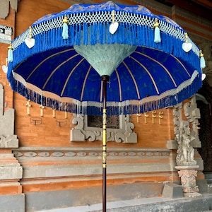 Blue Balinese Parasol: Hand-Painted Lotus, Tropical Outdoor Decor