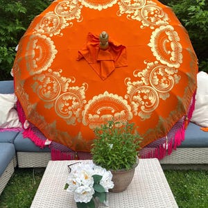 Orange Maximalist Wedding Ceremony Parasol - Handmade Boho Garden Umbrella