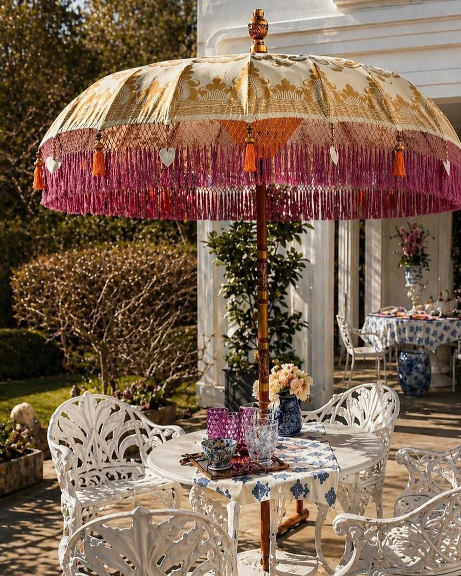 balinese patio umbrella Handmade Balinese Wedding Parasol – Boho Patio Umbrella With Tassels
