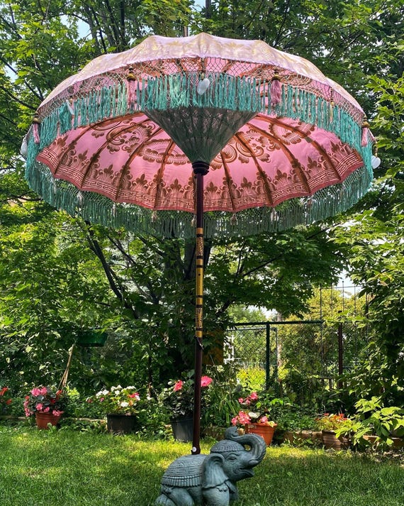 Pink Balinese Parasol – Hand-Painted Garden Umbrella with Green Fringe for Wedding, Patio and Outdoor Ceremony