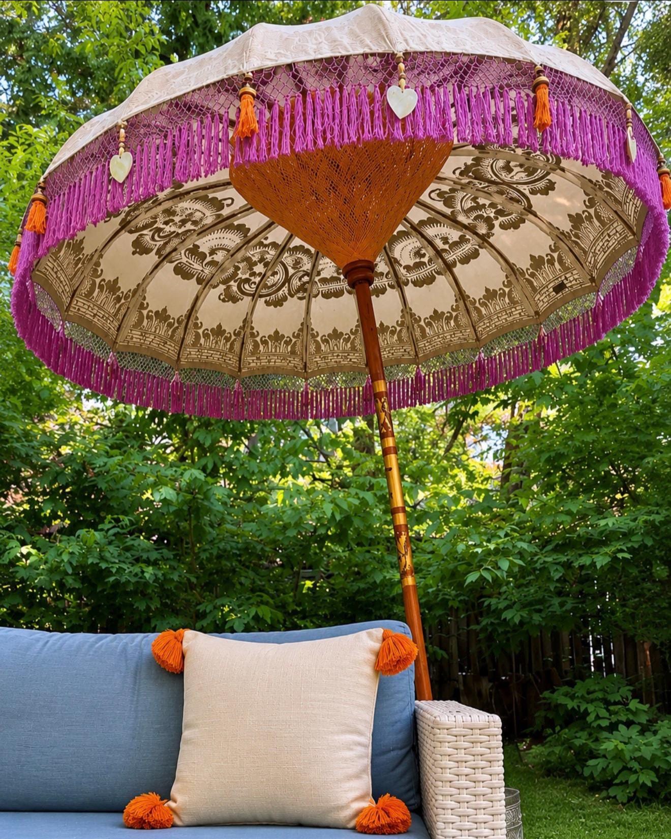 bali style patio umbrellas Boho Wedding Parasol – Hand-painted Balinese Umbrella for Terrace & Garden  Decor