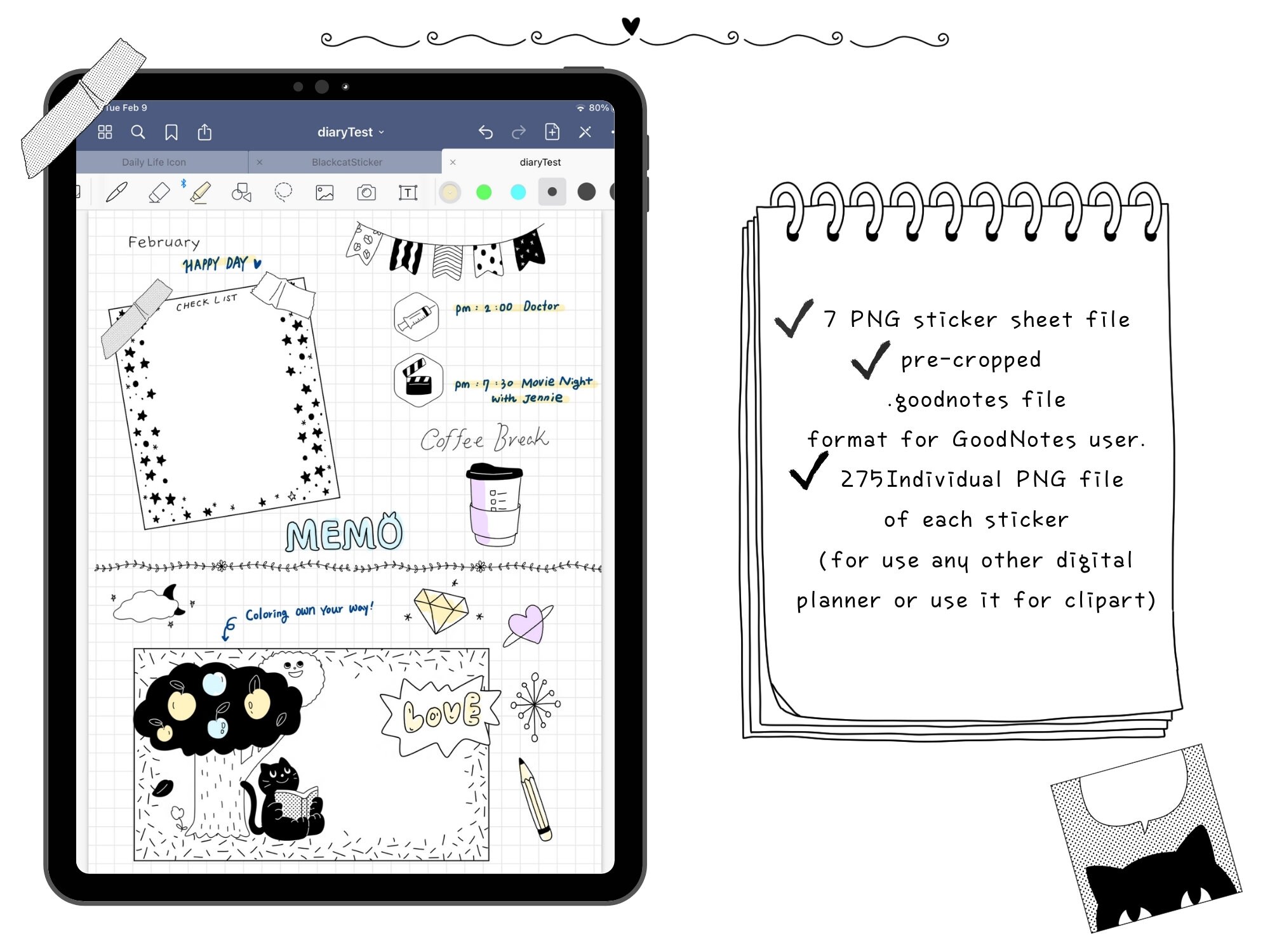 Black Cat Digital Planner Sticker Cute Sticky Note Everyday Icon ...