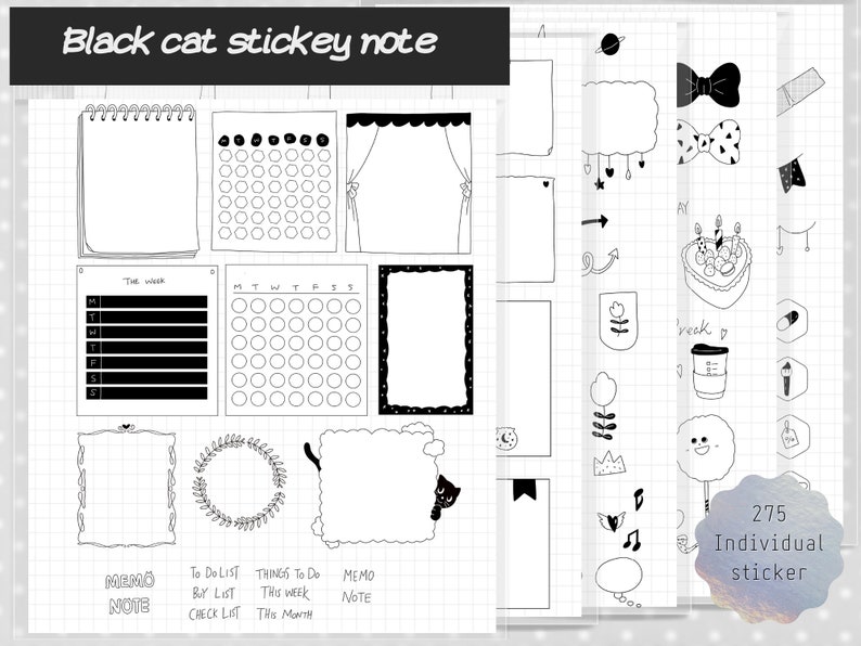 Black Cat Digital Planner Sticker Cute Sticky Note Everyday Icon ...