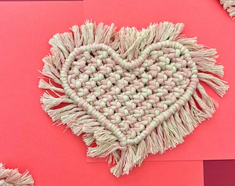 Heart Shaped Macrame Trivet, Pink & White Trivet, Center Spiral 7-8 Inches
