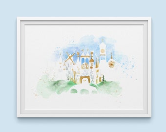 Kleine Welt Aquarell Kunstdruck: Disneyland inspirierte Wohnkultur