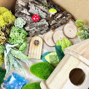 Puede incluir: Un kit de jard&iacute;n de hadas en miniatura con una casa de madera, una peque&ntilde;a puerta y una variedad de plantas verdes y musgo. El kit tambi&eacute;n incluye rodajas de madera, cuentas de vidrio azules y peque&ntilde;as figuras de hongos.