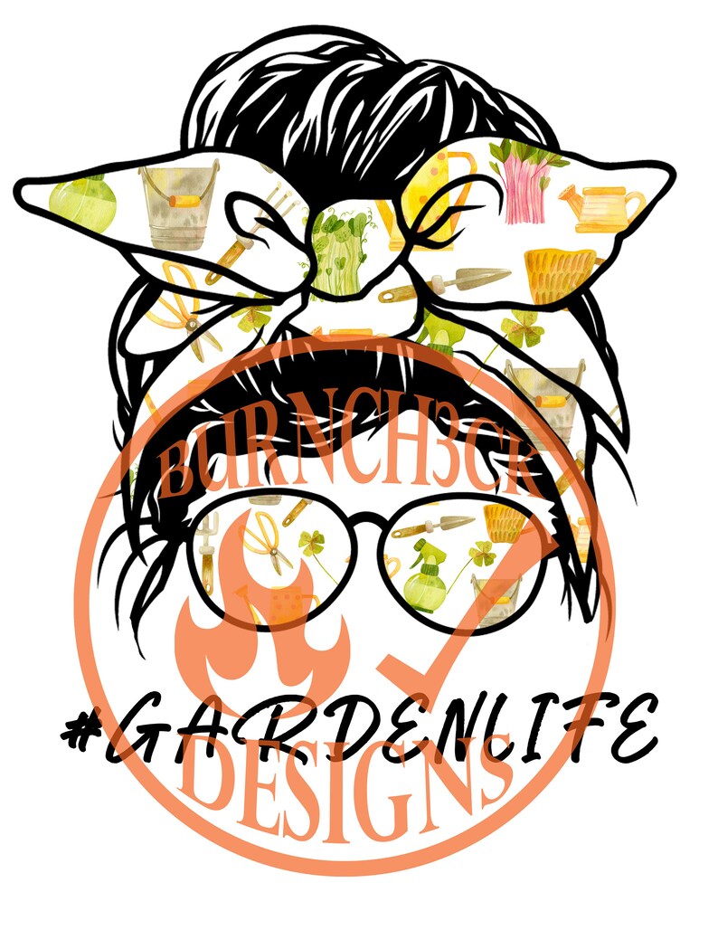 May include: A black and white illustration of a woman with a messy bun wearing a headband with a gardening theme. The headband is filled with images of gardening tools, plants, and flowers. The woman is wearing glasses with the same gardening theme. The image is surrounded by a circle with the text "#GARDENLIFE DESIGNS" in orange.