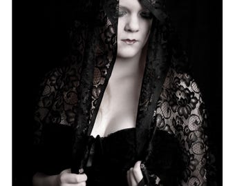 Porcelain on linen paper, dark beauty portrait photography poster, gothic
