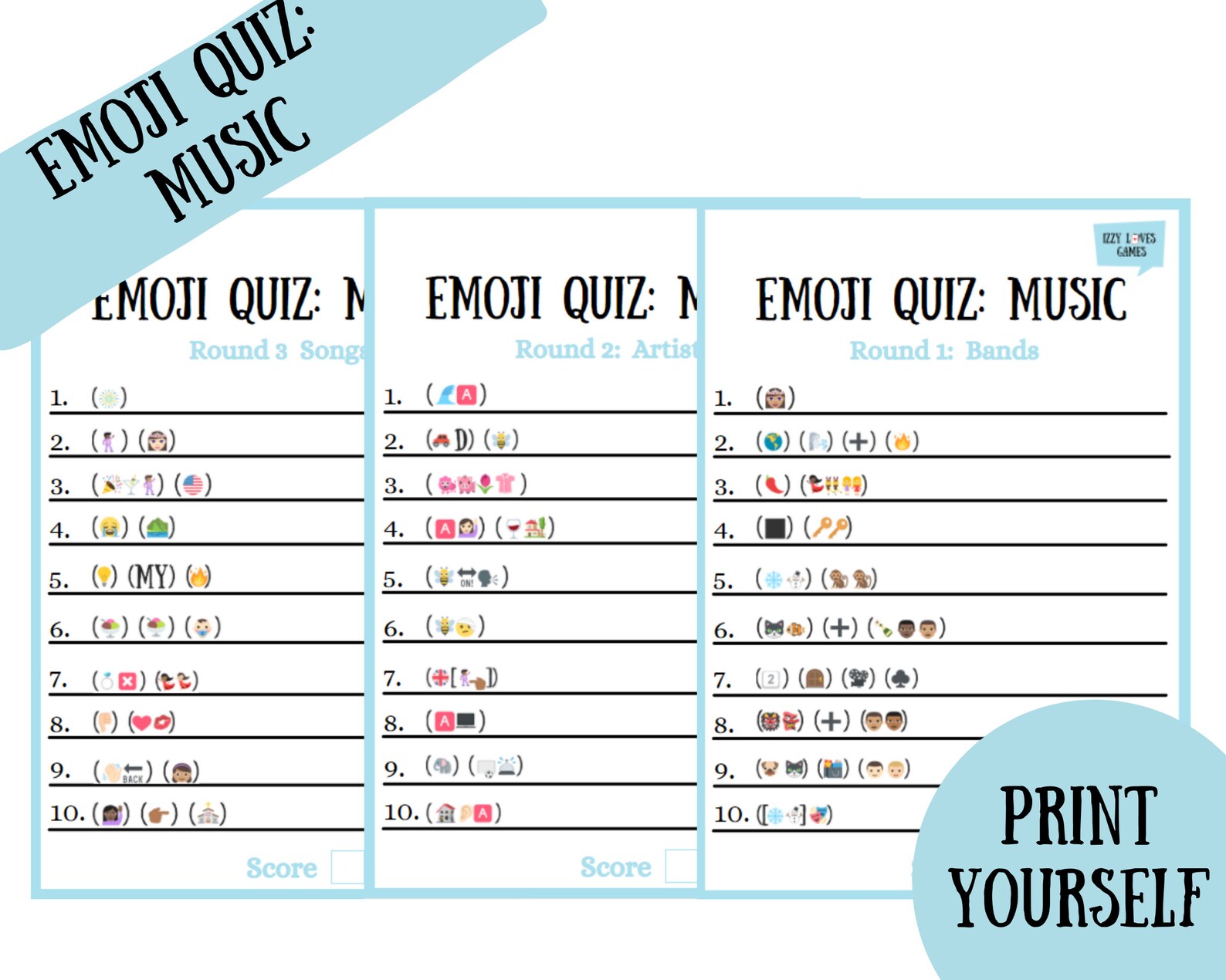 printable emoji quiz music instant download printable game etsy