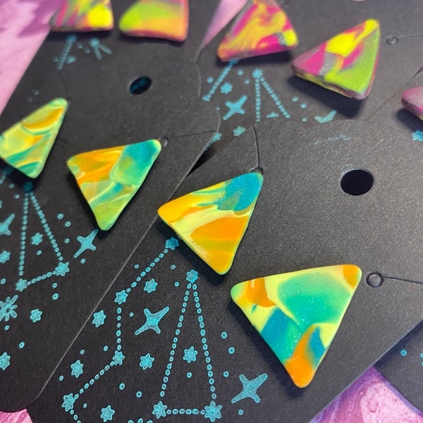 Cosmic Witch Triangle Swirled Stud Earrings, Polymer Clay UV/Blacklight Reactive Post Earrings