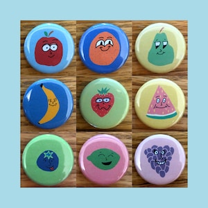 Cute Fruit 1.25" pinback button, cute pins, cartoon, pins for jacket, pins for backpack, button pack