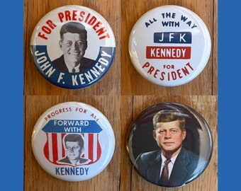 John F. Kennedy 4 pin set, 1.25" pinback button, JFK, US President, campaign, political buttons