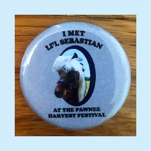 I Met Lil Sebastian 1.25" pinback button, Pawnee Harvest Festival, Parks and Rec, Parks & Recreation pin