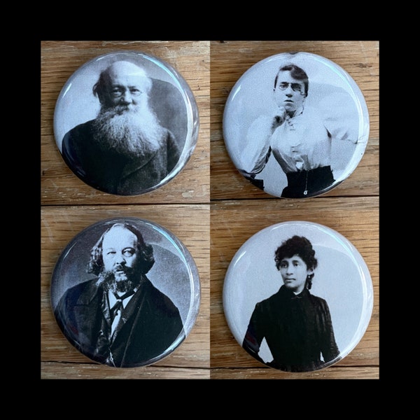 Famous Anarchist Thinkers button set, 1.25" pinback, Peter Kropotkin, Emma Goldman, Mikhail Bakunin, Lucy Parsons, anarchy, philosophy pins