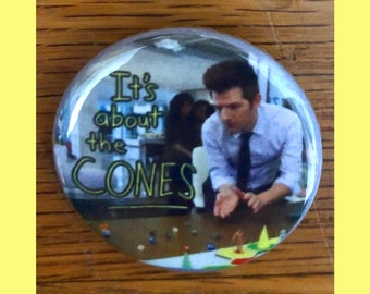 It's About the Cones 1.25" pinback button, Parks and Recreation, Ben Wyatt, Cones of Dunshine pin