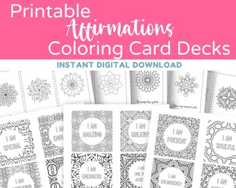May include: Printable affirmation coloring card decks with intricate mandala designs. Each card features a positive affirmation like "I AM AMAZING" and "I AM INSPIRED". The image includes the text "INSTANT DIGITAL DOWNLOAD" and "2 DECKS - 96 CARDS - PDF".