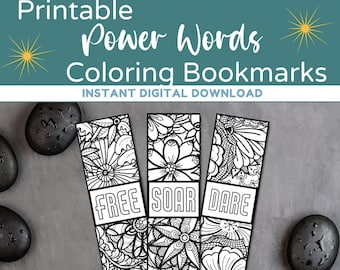 Power Words Printable Coloring Bookmarks, Affirmation Bookmarks, Floral Coloring Bookmarks for Adults, Instant Download, Gift for Reader