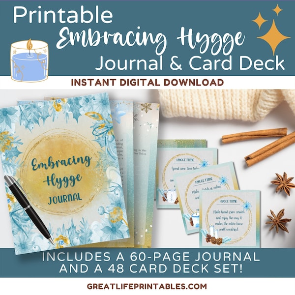 Hygge Gift Bundle, Printable Hygge Journal, Hygge Printable Card Deck, Winter Journal, Self Care Cards, Writing Prompts, Instant Download