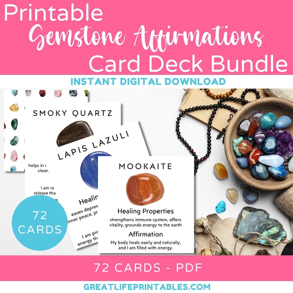 Printable Gemstone Cards, Printable Crystal Card Deck, Crystal Affirmation Cards, Affirmations, Crystal Meaning Cards, Instant Download, PDF