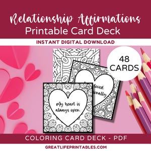 Coloring Love Affirmations Printable Card Deck, Relationship Cards, Printable Affirmation Cards, Affirmation Coloring, Instant Download, PDF
