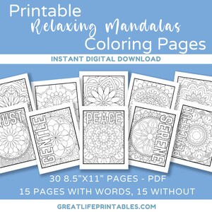 May include: A set of 30 printable mandala coloring pages, 15 with words and 15 without. The words include "Peace", "Gentle", "Serene", and "Peaceful". The pages are 8.5 inches by 11 inches.