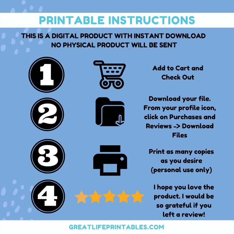 May include: Printable instructions for a digital product with a blue background and white polka dots. The instructions are numbered 1 through 4 with icons next to each step. The icons are a shopping cart, a folder with a download arrow, a printer, and five gold stars.