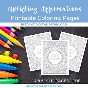 Printable Affirmation Coloring Pages, Relaxing Coloring Pages, Adult Coloring Page, Mandala Coloring, Motivational, Instant Download, PDF
