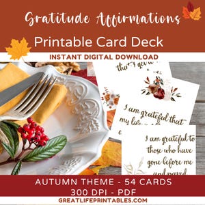 Printable Gratitude Card Deck, Gratitude Affirmations, Autumn, Thanksgiving, Affirmation Card Deck, Appreciation, Instant Download, PDF