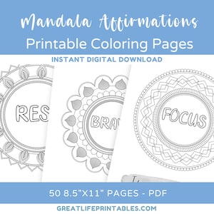 Pacote de páginas para colorir de afirmações de mandala para impressão, páginas para colorir para adultos, coloração de afirmações, autocuidado, amor próprio, download instantâneo