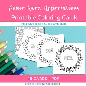 Printable Affirmation Coloring Card Deck, Power Words Affirmation, Affirmation Cards, Coloring for Adults, Coloring Page, Instant Download