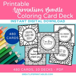 Affirmation Bundle, Printable Affirmation Coloring Card Deck, Affirmation Cards, Coloring for Adults, Coloring Page, Instant Download, PDF