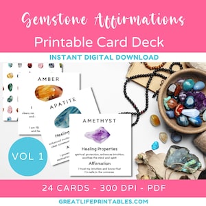 Printable Gemstone Cards, Printable Crystal Card Deck, Crystal Affirmation Cards, Healing Affirmations Crystal Oracle Deck, Instant Download