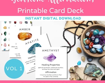 Printable Gemstone Cards, Printable Crystal Card Deck, Crystal Affirmation Cards, Healing Affirmations Crystal Oracle Deck, Instant Download