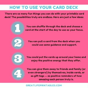 May include: A pink background with a white title "HOW TO USE YOUR CARD DECK".  Four blue circles with white numbers 1 through 4 are arranged vertically.  Each circle has a description of how to use a card deck.  The text at the bottom of the image reads "GREATLIFEPRINTABLES.COM".