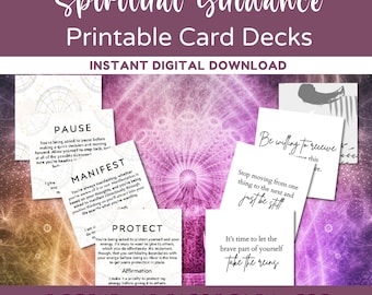 May include: A collection of printable card decks for spiritual guidance. The cards feature phrases like "Pause," "Manifest," and "Protect." The background is a gradient of purple and yellow with the text "Spiritual Guidance Printable Card Decks" at the top.