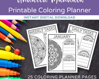 Coloring Planner, Printable Planner, Mandala Coloring, Undated Planner, Monthly Planner, Weekly Planner, Daily Planner, Adult Coloring