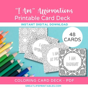 Printable I Am Affirmations Card Deck, Printable Affirmation Cards, Coloring for Adults, Coloring Pages, Instant Download
