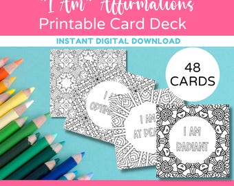 Printable I Am Affirmations Card Deck, Printable Affirmation Cards, Coloring for Adults, Coloring Pages, Instant Download