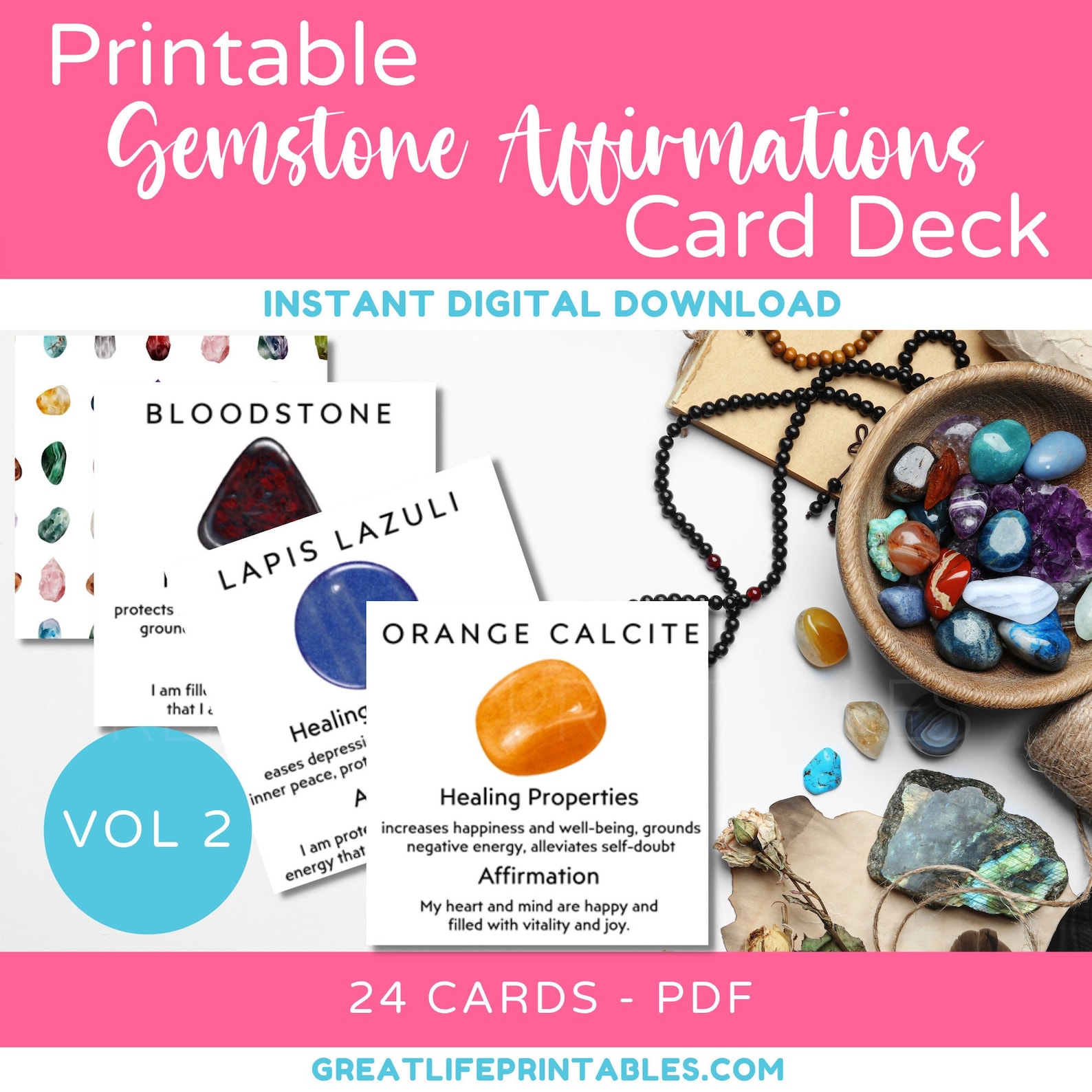 Printable Gemstone Cards, Printable Crystal Card Deck, Crystal ...
