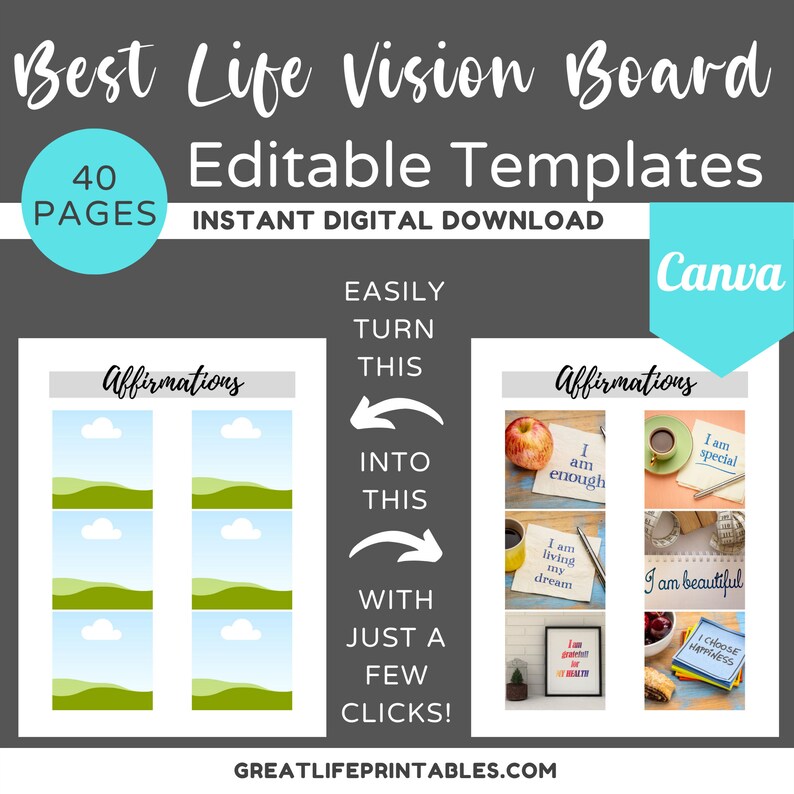 Best Life Vision Board, Vision Board Template, Canva Template, Manifest ...