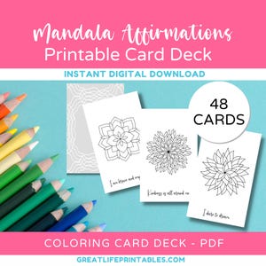 Printable Mandala Affirmations Card Deck, Affirmation Card Deck, Affirmation Cards, Coloring for Adults, Coloring Pages, Instant Download